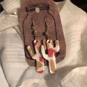 Cactus Shaped Earrings with Red and Tan Accents